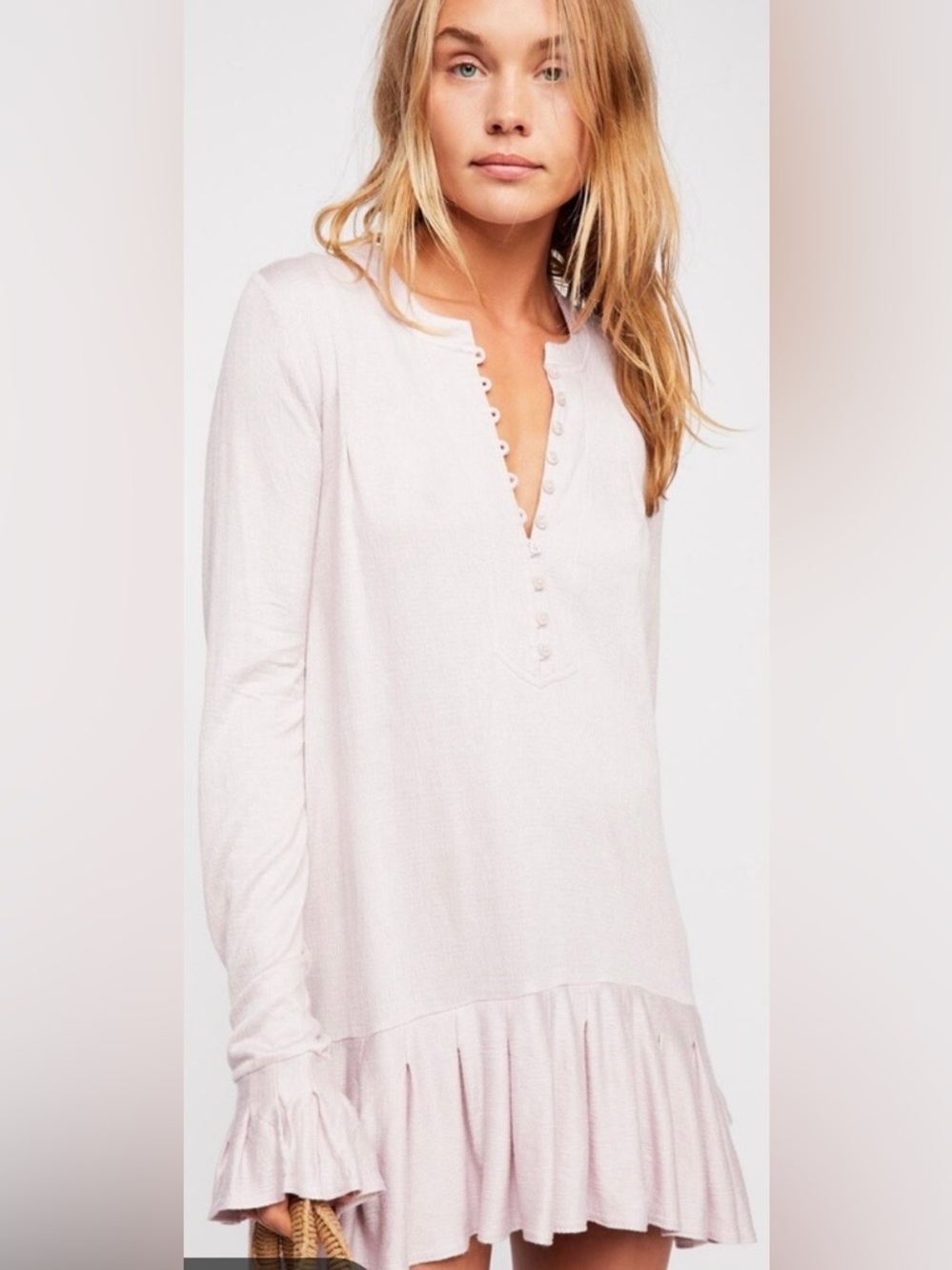 Free People, boho, soft lavender waffle knit ruffle, dress or long shirt